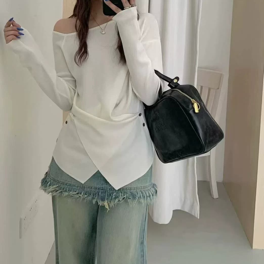 프랑스식 십자가 측면 부서 버클 허리 수축 니트 스웨터 여성 가을 부드러운 바람 스트라이프 대양 품격 긴팔 맨위 이미지 2