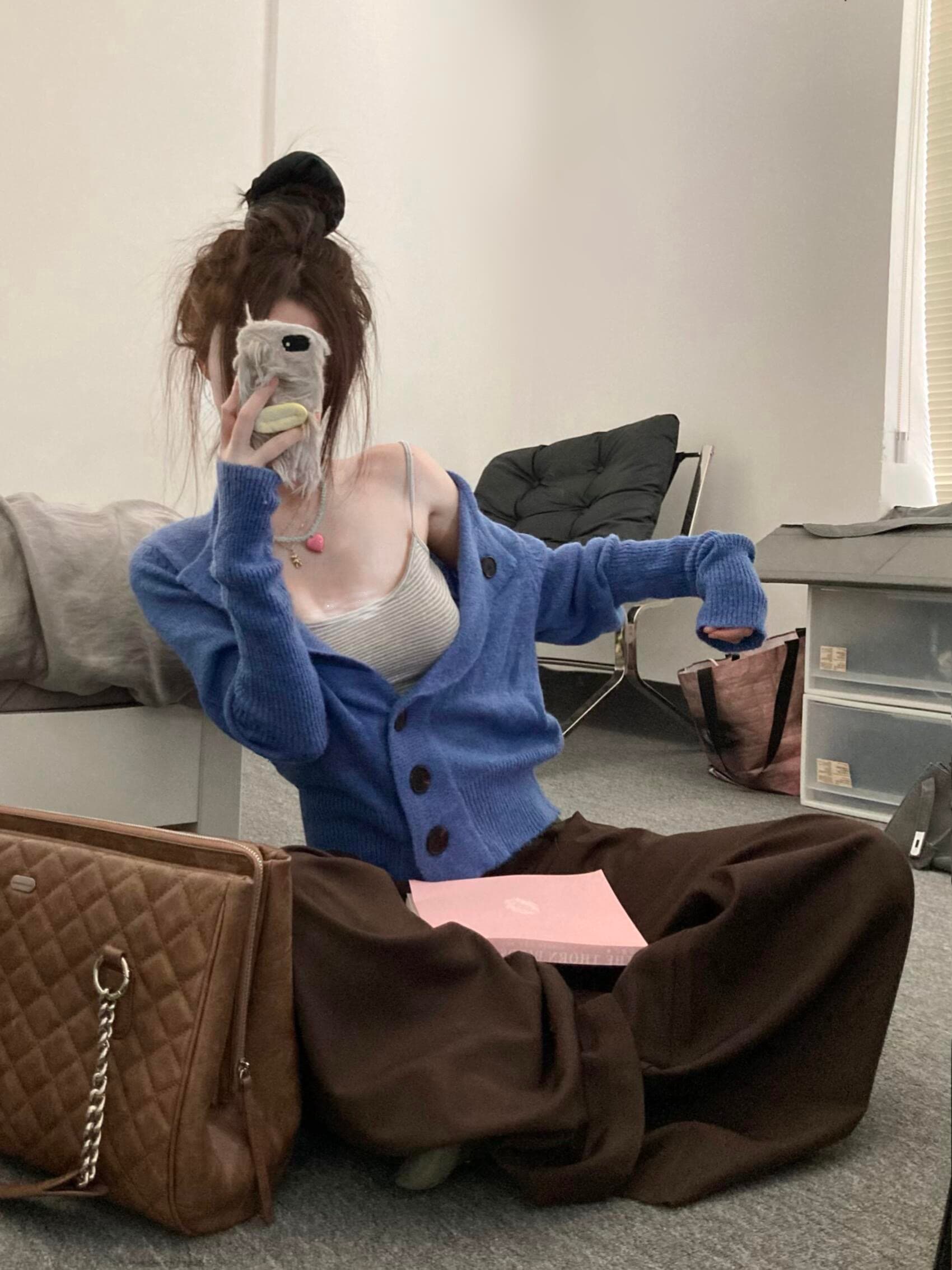 한 부서 파란색 니트 카디건 코트 여성 의류 조기 가을 작은 키 루즈핏 캐주얼 느긋한 품격 허리 수축 맨위 상세 이미지 1