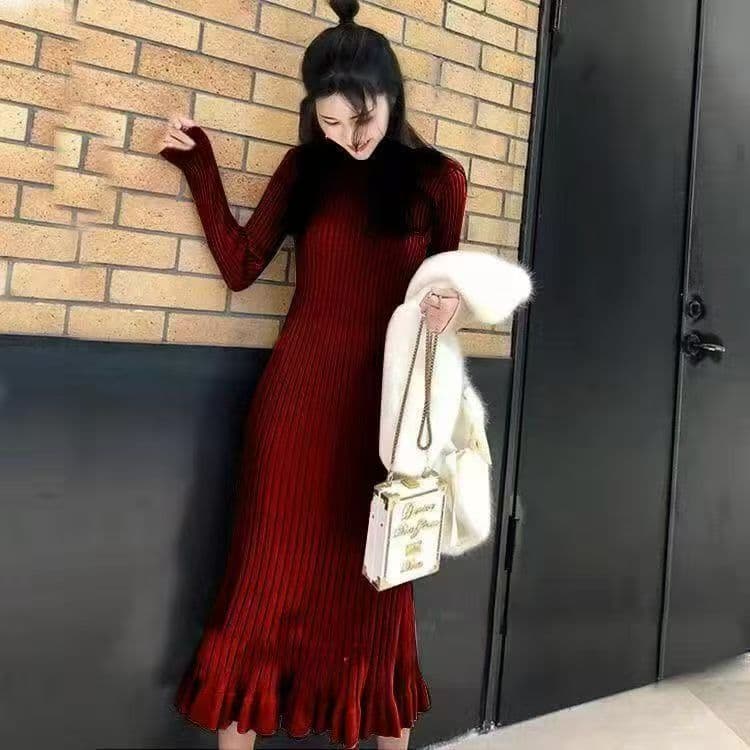 니트 여성 드레스 가을 겨울 몸매 가꾸기 롱 코트 무릎 아래 타이트 스커트 프릴 인어 꼬리 스커트 인사이드 가져 가라. 예쁜 스웨터 치마 상세 이미지 2