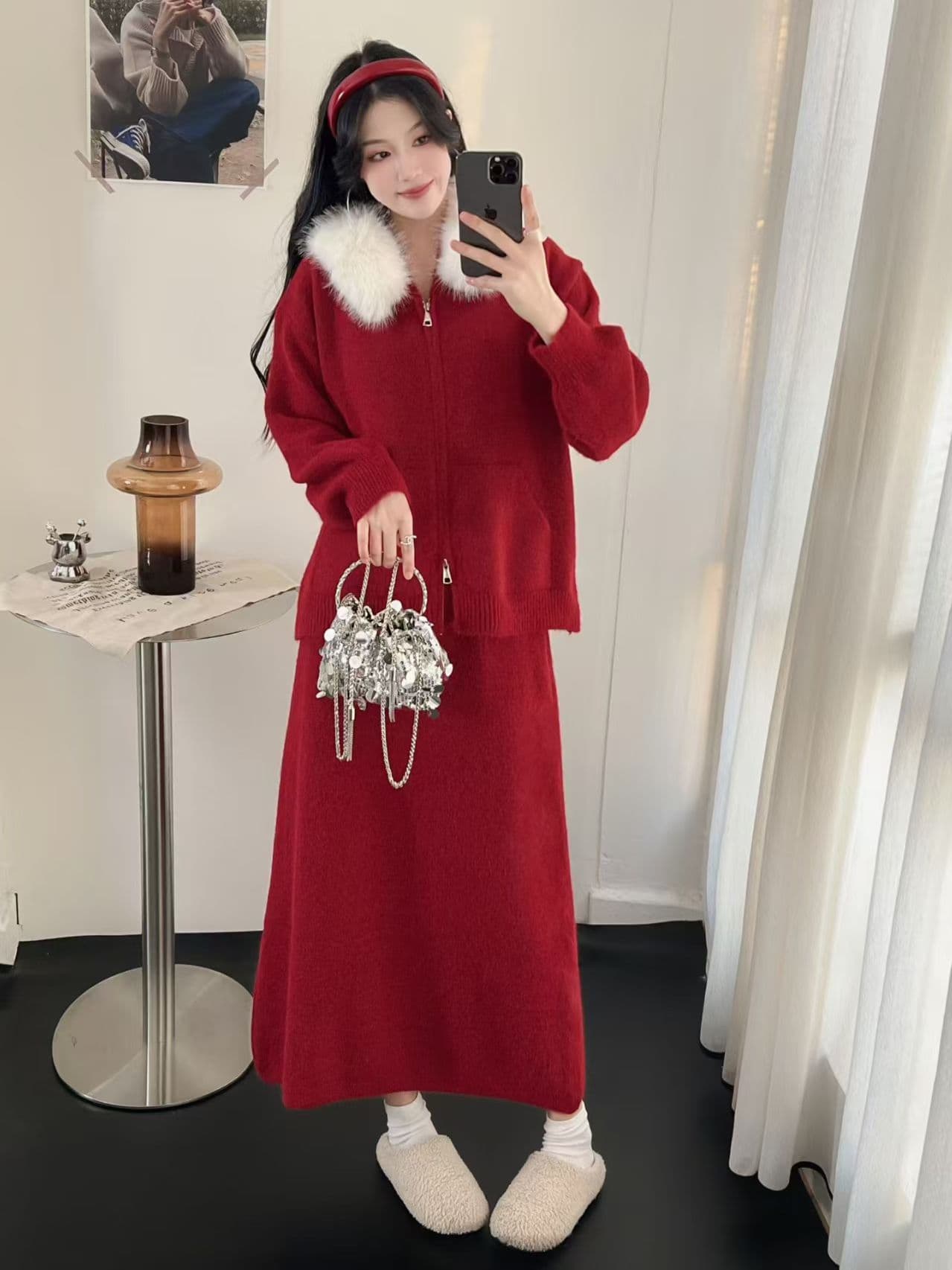 한 부서 품격 그레이트 통해보기 가져 가라. 새로운 카디건 코트 반 스커트 모피 칼라 여성 가을 2 세트 상세 이미지 1
