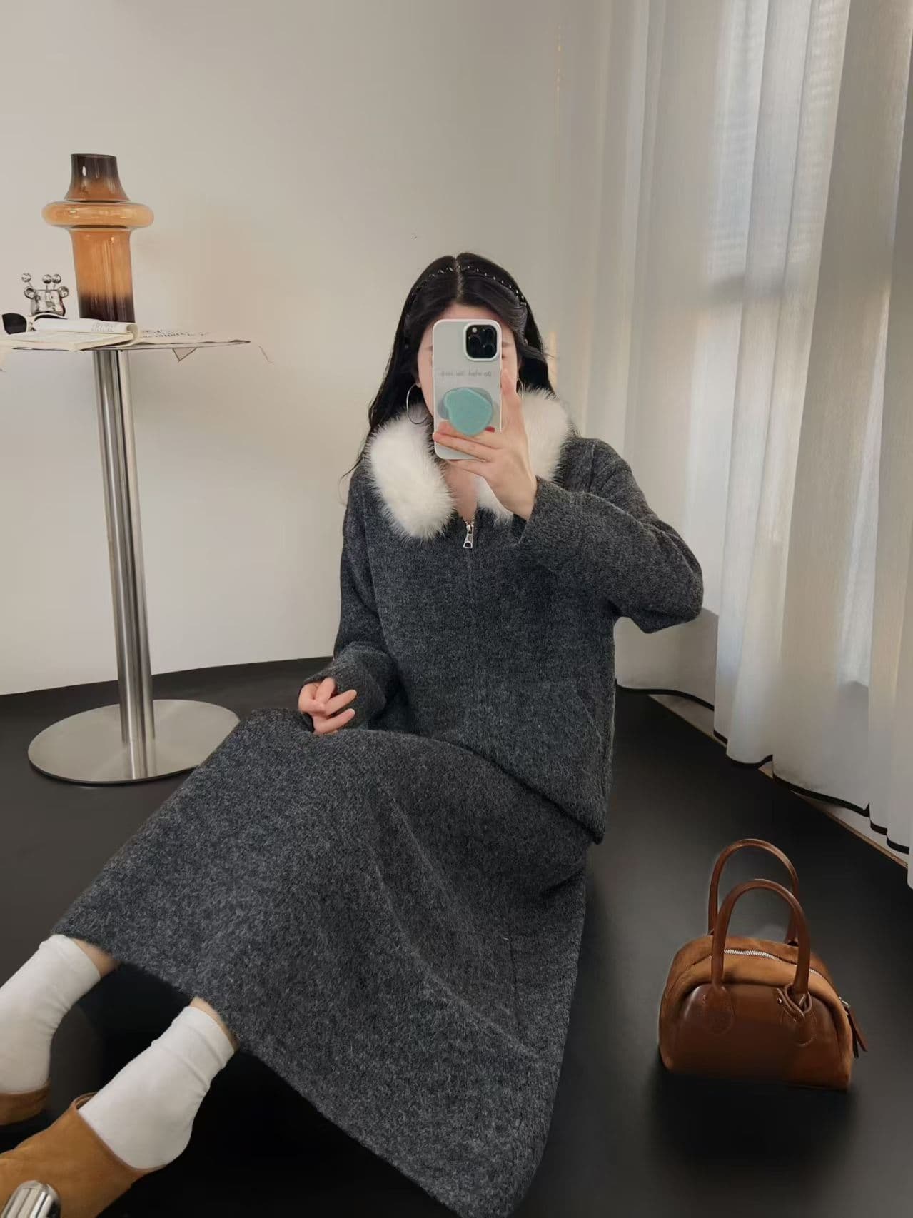 한 부서 품격 그레이트 통해보기 가져 가라. 새로운 카디건 코트 반 스커트 모피 칼라 여성 가을 2 세트 상세 이미지 3