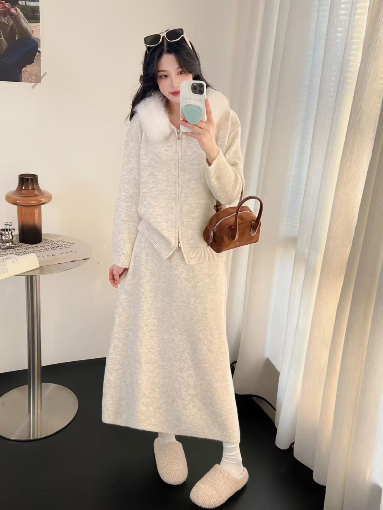 한 부서 품격 그레이트 통해보기 가져 가라. 새로운 카디건 코트 반 스커트 모피 칼라 여성 가을 2 세트 상세 이미지 7