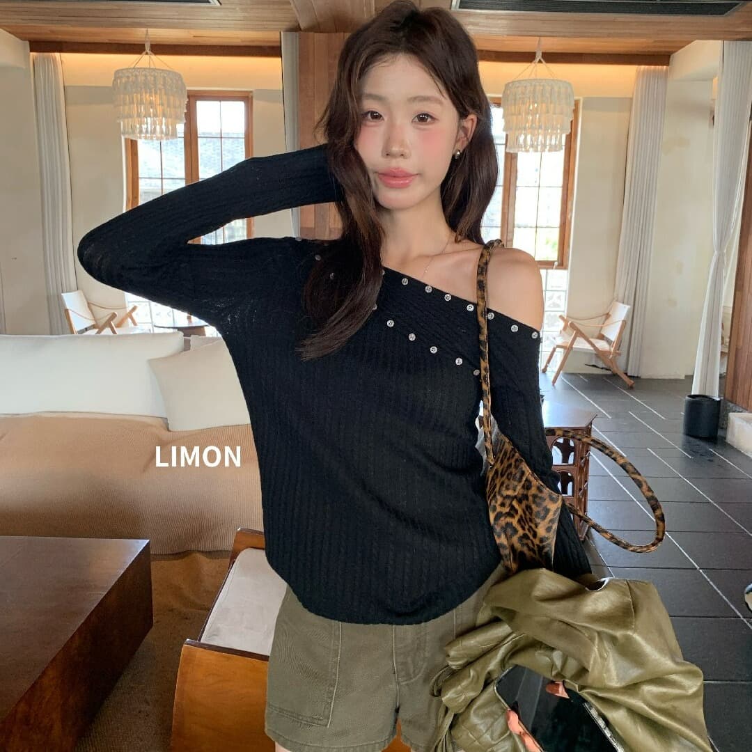 the limon 레몬 녹차 2026 가을 비스듬한 칼라 단추 니트 스웨터 여성 긴 소매 오프숄더 디자인 맨위 이미지 5