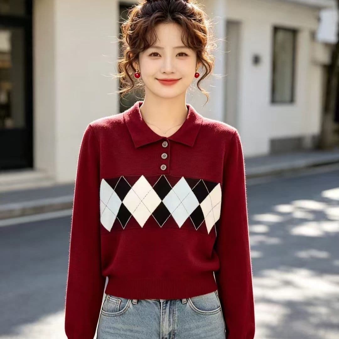 2026 년 가을 새로운 한 부서 배색 폴로 칼라 하프 열린 가슴 링 그리드 무늬 자카드 풀오버 긴팔 다용도 맨위 상세 이미지 1