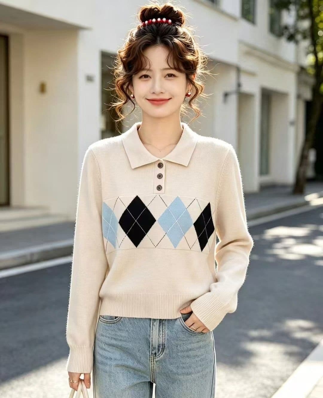 2026 년 가을 새로운 한 부서 배색 폴로 칼라 하프 열린 가슴 링 그리드 무늬 자카드 풀오버 긴팔 다용도 맨위 상세 이미지 2