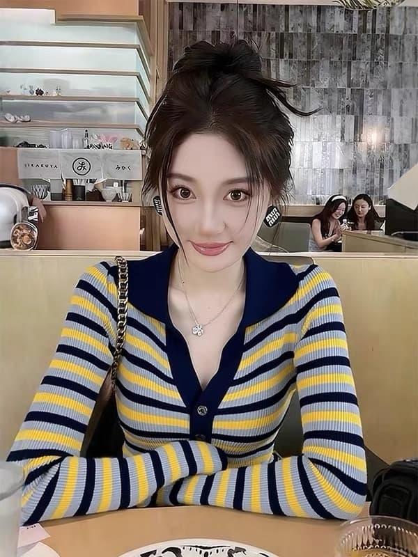 새로운 오래된 돈 바람 폴로 칼라 배색 단추 스트라이프 니트 기본 셔츠 여성