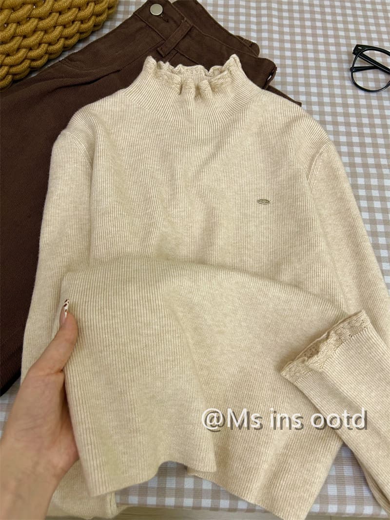 프랑스식 절묘한 miu 부서 프릴 기본 셔츠 여성 의류 봄 가을 반하이넥 인사이드 가져 가라. 스웨터 긴팔 니트 맨위 상세 이미지 8