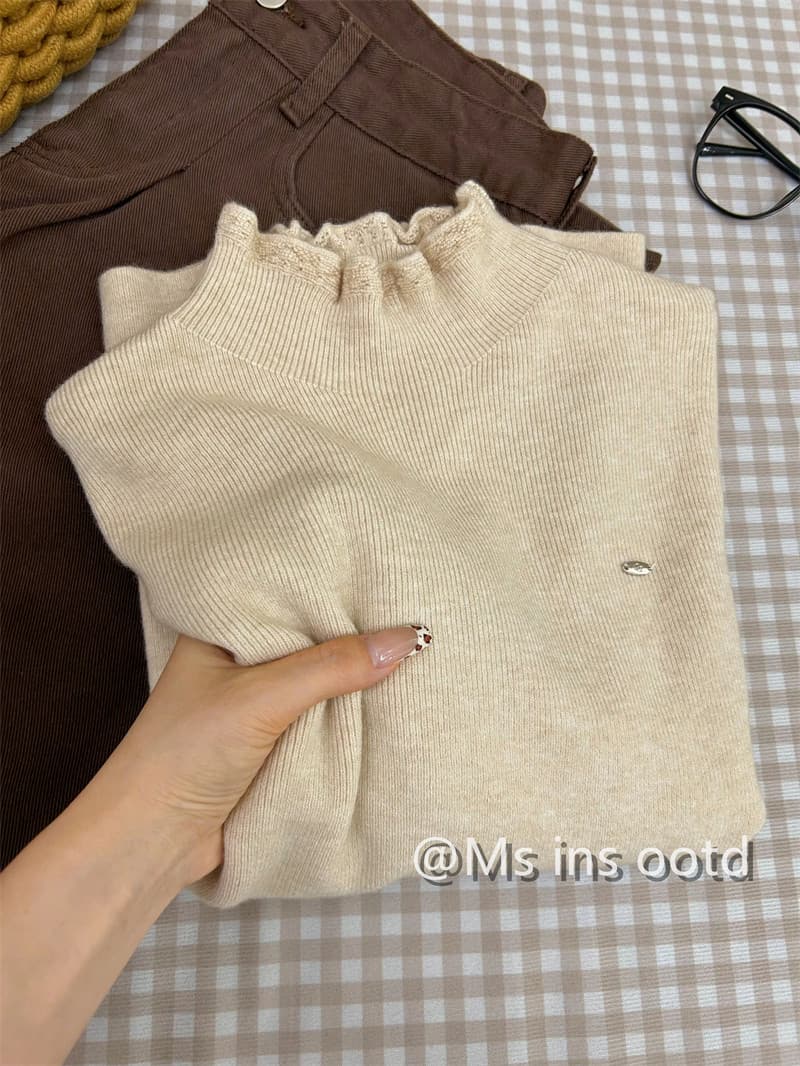 프랑스식 절묘한 miu 부서 프릴 기본 셔츠 여성 의류 봄 가을 반하이넥 인사이드 가져 가라. 스웨터 긴팔 니트 맨위 상세 이미지 9