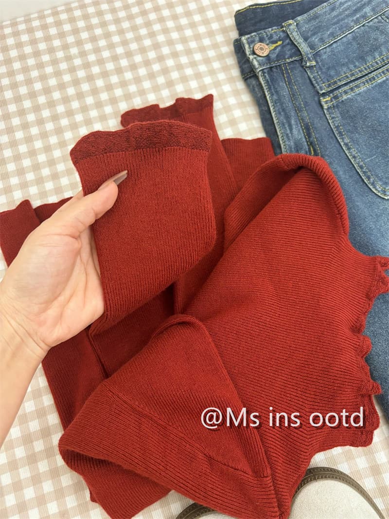 프랑스식 절묘한 miu 부서 프릴 기본 셔츠 여성 의류 봄 가을 반하이넥 인사이드 가져 가라. 스웨터 긴팔 니트 맨위 상세 이미지 13