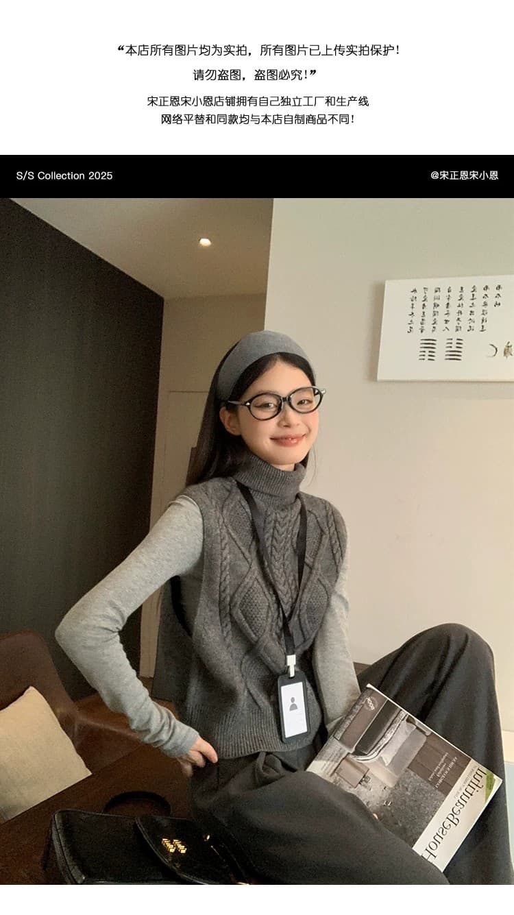 송 긍정적 인 En 어두운 회색 터틀넥 니트 조끼 여자 가을 겨울 높음 지혜 센스 전후 둘 착용 스웨터 조끼 스택 착용 맨위 상세 이미지 1