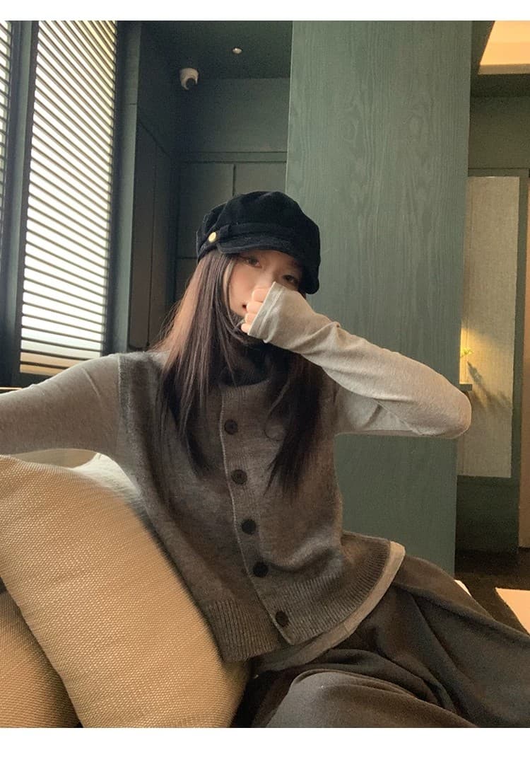 송 긍정적 인 En 어두운 회색 터틀넥 니트 조끼 여자 가을 겨울 높음 지혜 센스 전후 둘 착용 스웨터 조끼 스택 착용 맨위 상세 이미지 23