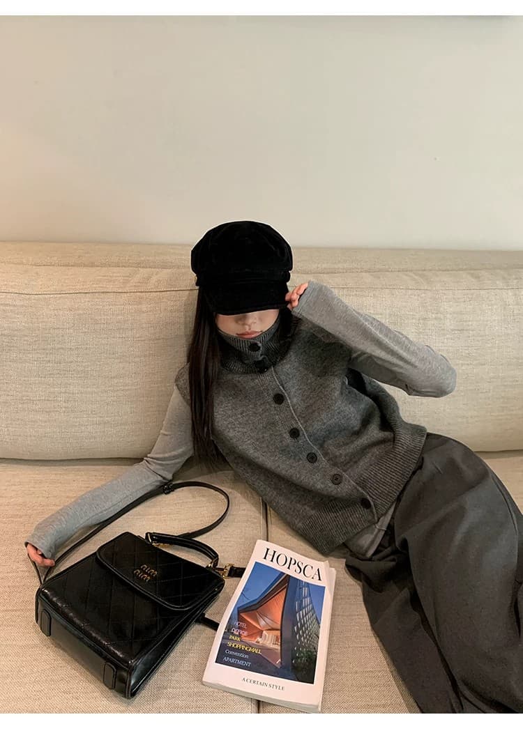 송 긍정적 인 En 어두운 회색 터틀넥 니트 조끼 여자 가을 겨울 높음 지혜 센스 전후 둘 착용 스웨터 조끼 스택 착용 맨위 상세 이미지 34
