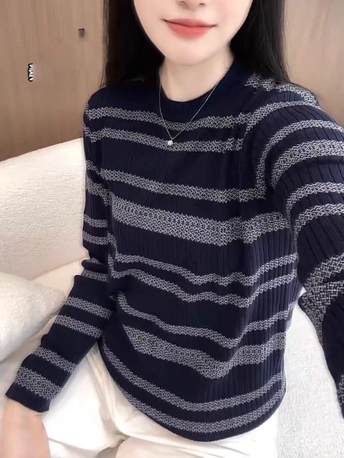 한 부서 라운드 넥 스트라이프 배색 긴팔 니트 티셔츠 여성 2026 가을 새로운 몸매 가꾸기 슬림해 보이는 외국 가스 맨위 트렌디 상세 이미지 7