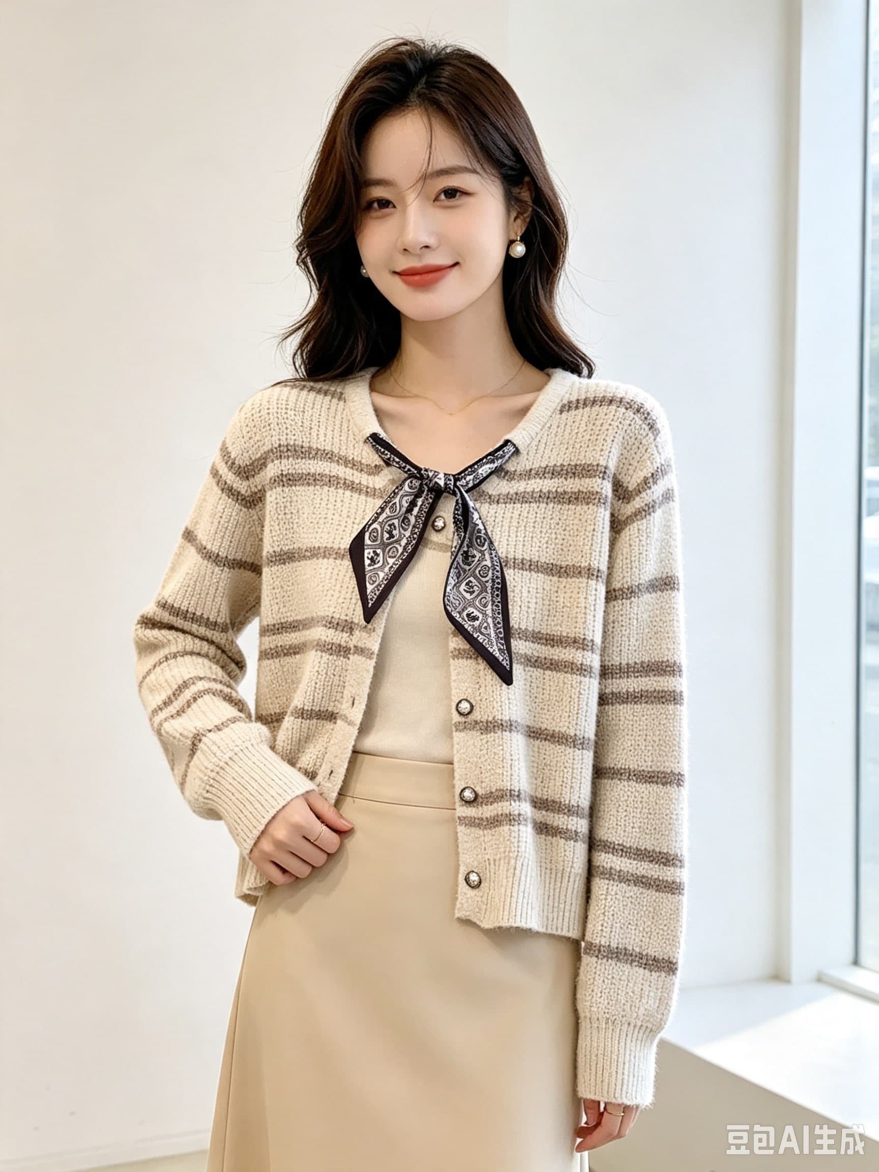 2026 년 가을 겨울 새로운 폭발 V넥 스트라이프 니트 오픈 가디건 스웨터 여자 루즈핏 슬림해 보이는 표지 고기 긴팔 맨위 상세 이미지 2