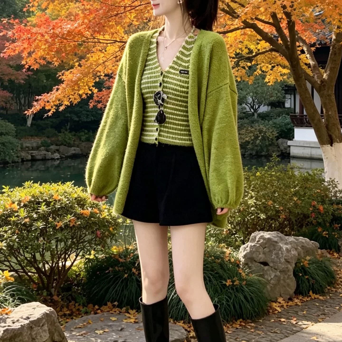 느긋한 바람 품격 스트라이프 행침 목 민소매 조끼 니트 오픈 가디건 2026 가을 겨울 새로운 아름다운 맨위 투피스 세트 상세 이미지 4