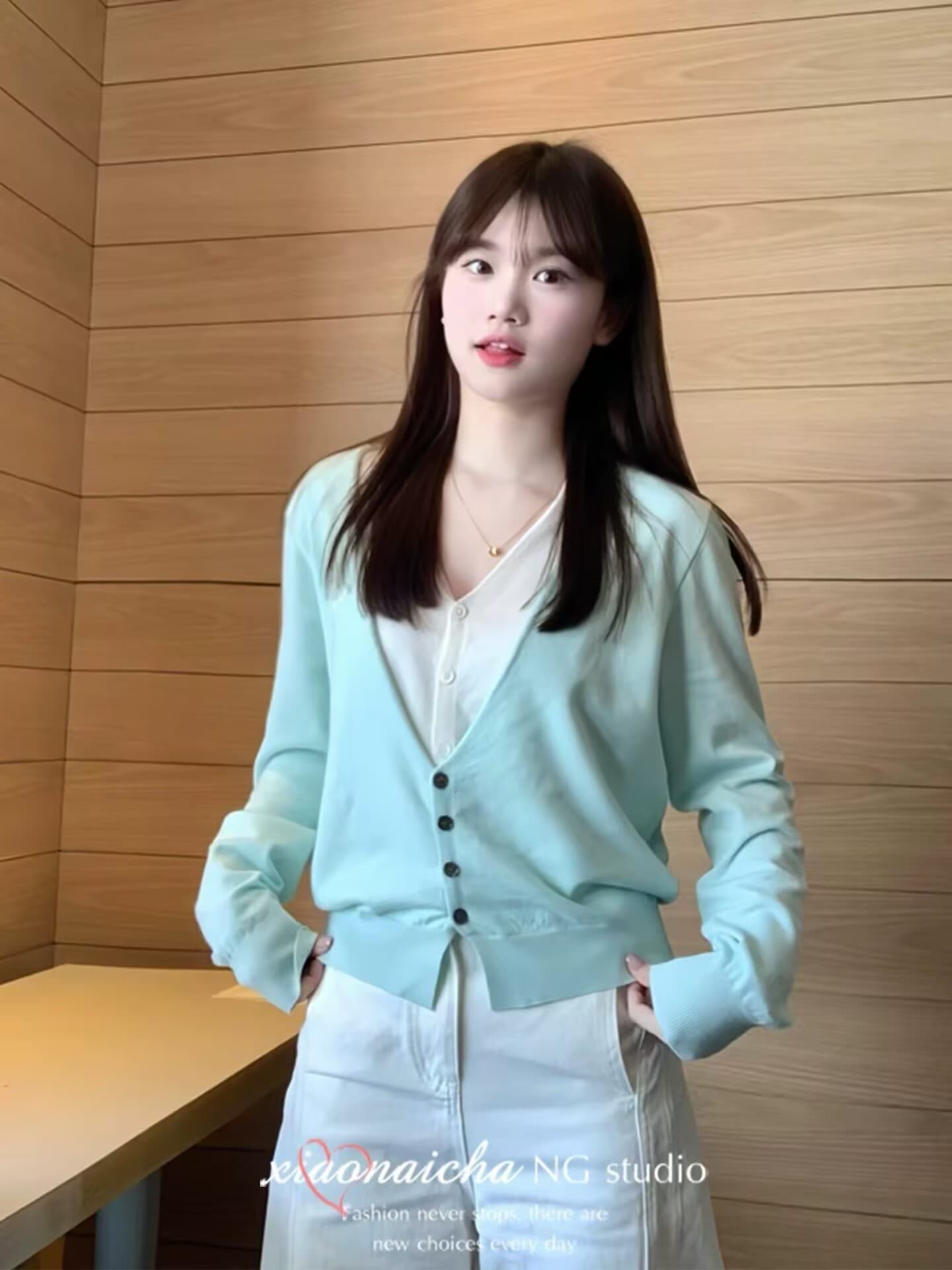 한 부서 박하 녹색 페이크 레이어드 V넥 니트 오픈 가디건 여성 봄 새로운 작은 키 루즈핏 다용도 스웨터 코트 상세 이미지 6