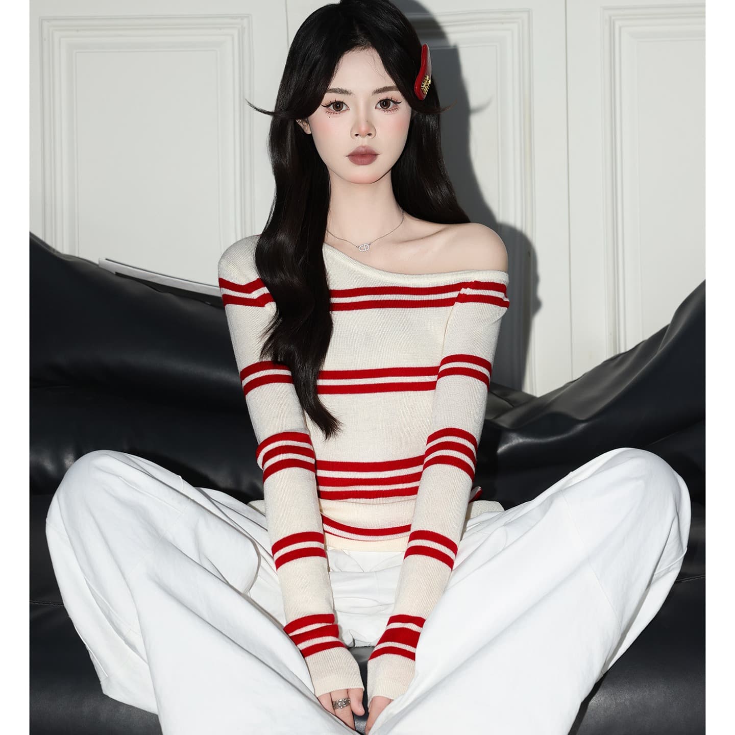 가을 겨울 슈퍼 화재 스트라이프 비스듬한 어깨 니트 스웨터 여성 슈퍼 잘 생긴 배색 달콤한 매운맛 만나는 긴팔 맨위 이미지 5