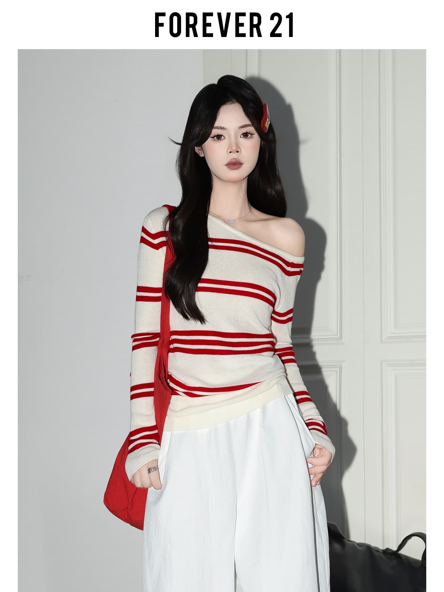 가을 겨울 슈퍼 화재 스트라이프 비스듬한 어깨 니트 스웨터 여성 슈퍼 잘 생긴 배색 달콤한 매운맛 만나는 긴팔 맨위 이미지 2