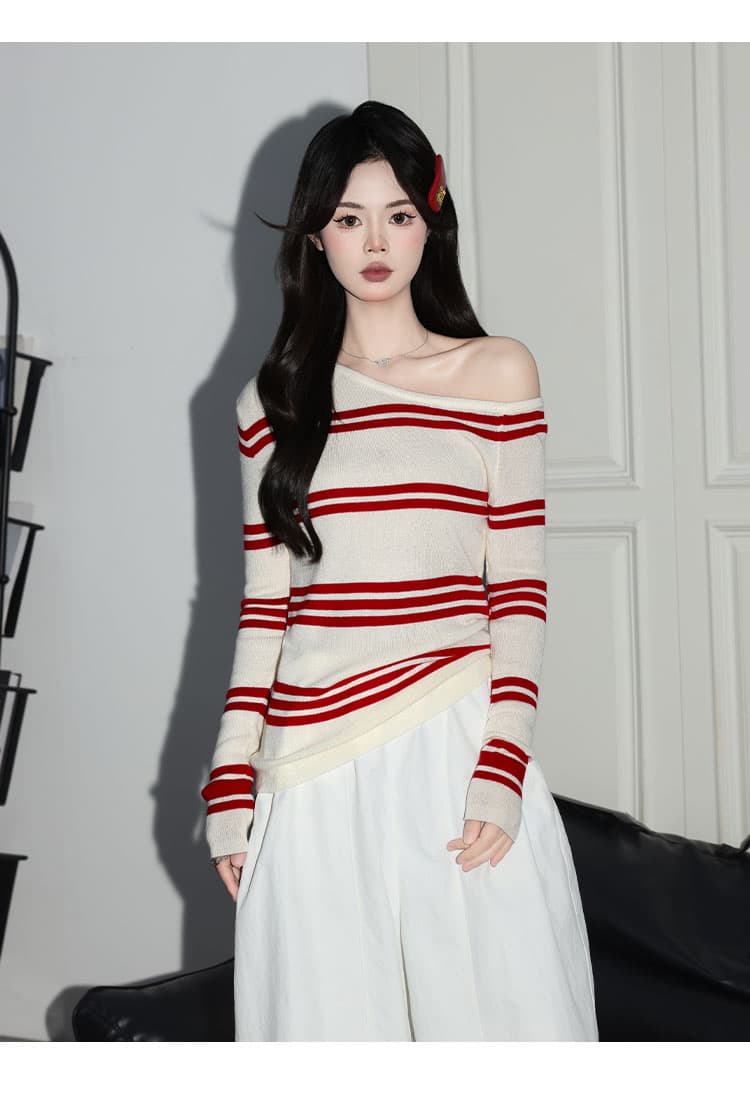 가을 겨울 슈퍼 화재 스트라이프 비스듬한 어깨 니트 스웨터 여성 슈퍼 잘 생긴 배색 달콤한 매운맛 만나는 긴팔 맨위 상세 이미지 5