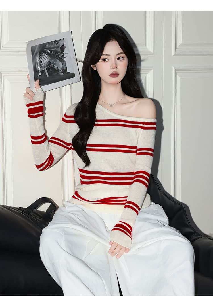 가을 겨울 슈퍼 화재 스트라이프 비스듬한 어깨 니트 스웨터 여성 슈퍼 잘 생긴 배색 달콤한 매운맛 만나는 긴팔 맨위 상세 이미지 9
