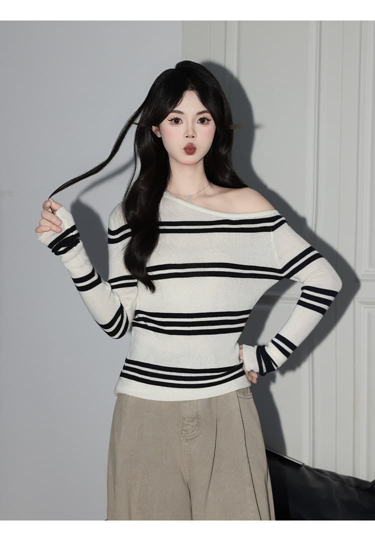 가을 겨울 슈퍼 화재 스트라이프 비스듬한 어깨 니트 스웨터 여성 슈퍼 잘 생긴 배색 달콤한 매운맛 만나는 긴팔 맨위 상세 이미지 13