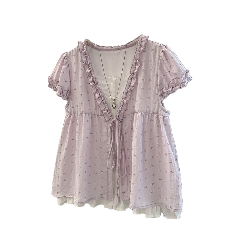 실사 빅 사이즈 여성 의류 페이크 레이어드 프릴 반팔 맨위 루즈핏 슬림해 보이는 연령 감소 V넥 달콤한 부서 인형 셔츠 이미지 5