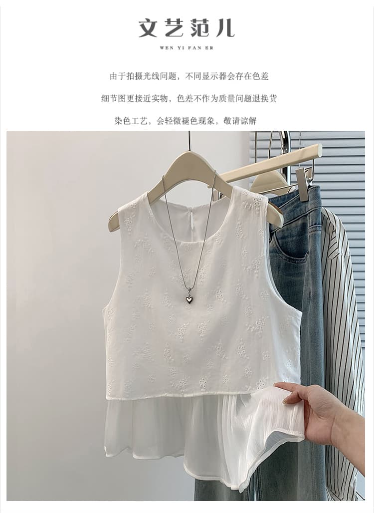 실사 빅 사이즈 여성 의류 자수 꽃 홀로우 아웃 라운드 넥 민소매 조끼 여름 새로운 페이크 레이어드 패치워크 맨위 상세 이미지 1