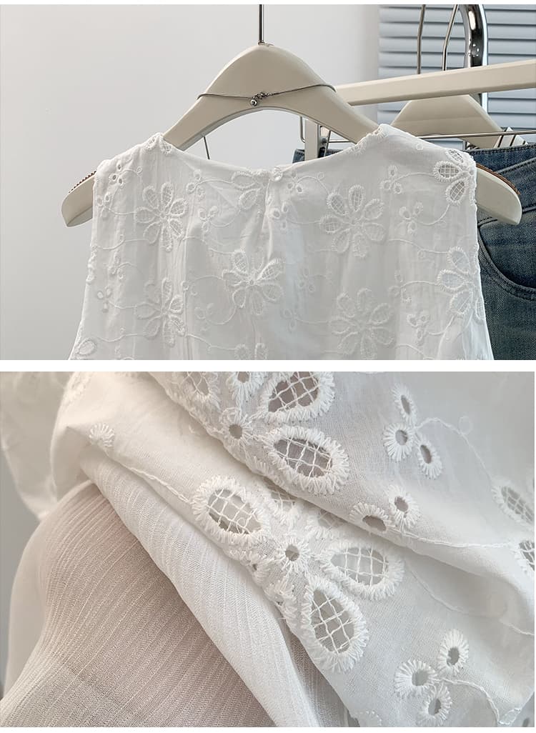 실사 빅 사이즈 여성 의류 자수 꽃 홀로우 아웃 라운드 넥 민소매 조끼 여름 새로운 페이크 레이어드 패치워크 맨위 상세 이미지 23