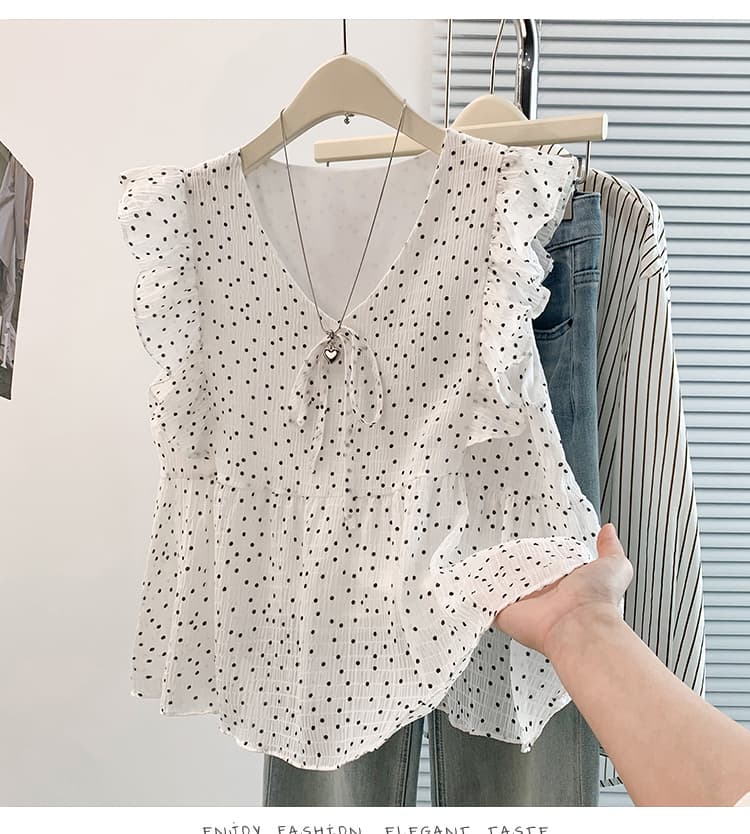 실사 한 부서 달콤한 스타일 도트 무늬 V넥 작은 날다 소매 여성 셔츠 여름 섹션 프릴 슬림해 보이는 다용도 연령 감소 맨위 상세 이미지 11
