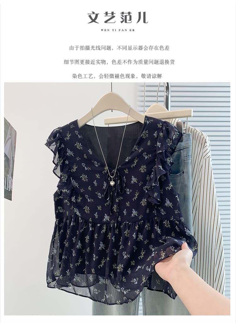 실사 한 부서 달콤한 스타일 꽃무늬 V넥 작은 날다 소매 여성 셔츠 여름 섹션 프릴 슬림해 보이는 다용도 연령 감소 맨위 상세 이미지 1