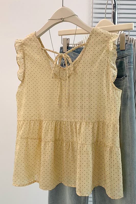 실사 프랑스식 V넥 도트 무늬 Feifei 소매 인형 셔츠 맨위 여름 연령 감소 바람 루즈핏 표지 고기 외국 가스 셔츠 이미지 6