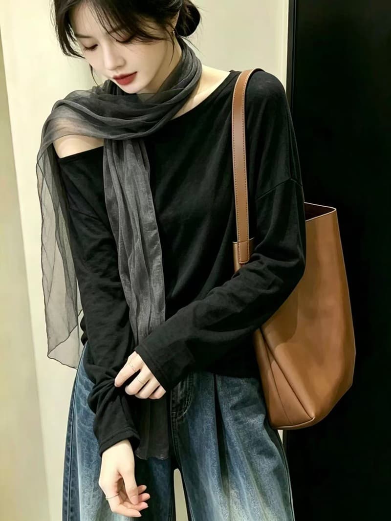 실사 한 부서 느긋한 바람 보트넥 티셔츠 익스트림 제인 바람 느슨함 센스 루즈핏 기초 슬림해 보이는 맨위 보내기 스카프 상세 이미지 5