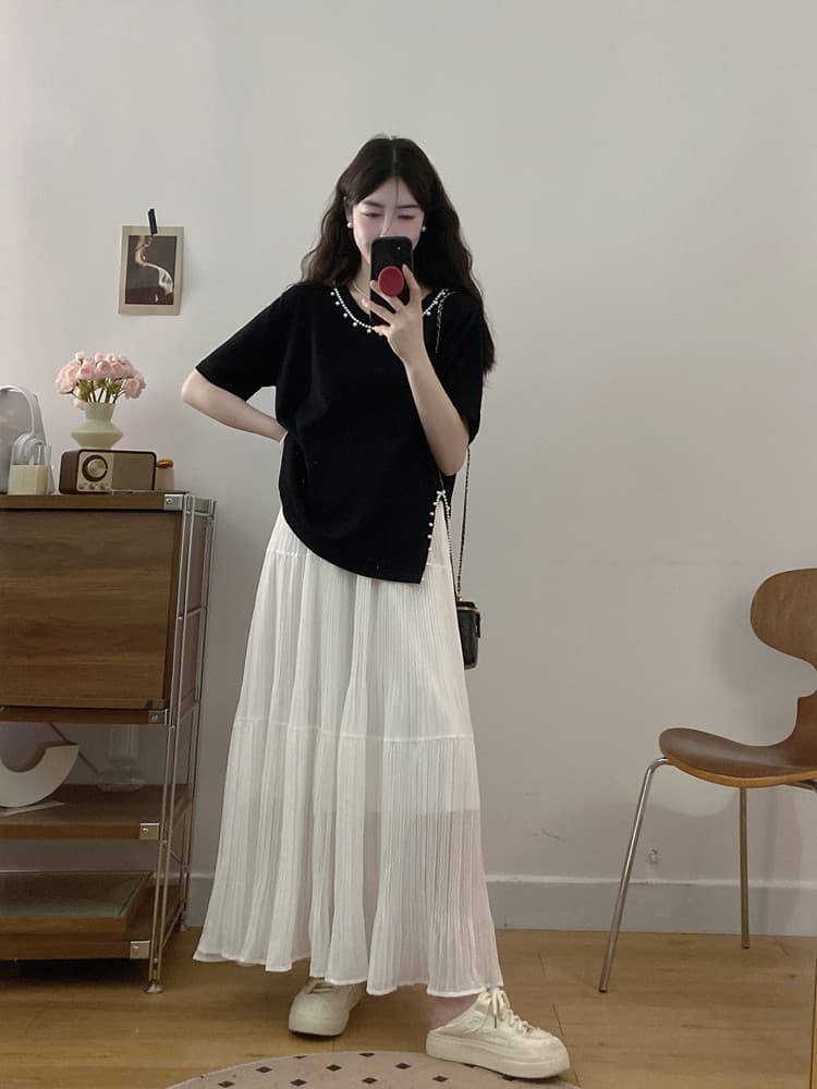 실사 빅 사이즈 여성 의류 지방 mm 봄 여름 트임 비즈 박기 반팔 티셔츠 한 마디 플리츠 큰 진자 롱 스커트 슬림해 보이는 투피스 세트 이미지 2