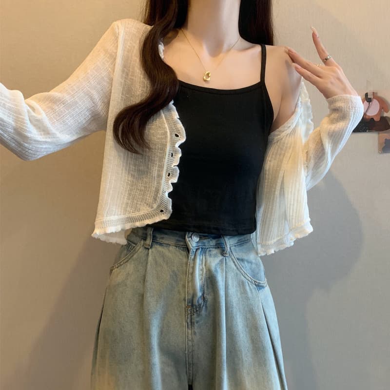 실사 빅 사이즈 여성 의류 여름 경기 슬립 드레스 외부 가져 가라. 어깨 자외선 차단 프릴 오픈 가디건 다용도 에어컨 셔츠 맨위 상세 이미지 36