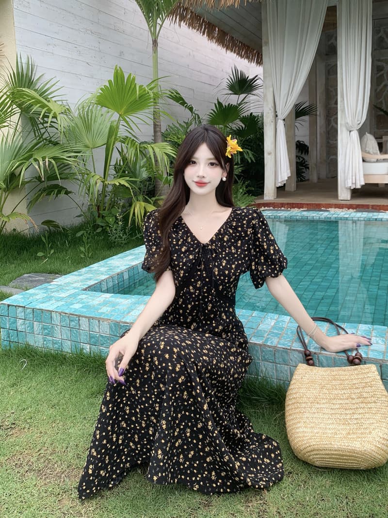 실사 빅 사이즈 여성 의류 여름 지방 m 프랑스식 우아함 허리 수축 슬림해 보이는 V넥 레이스 퍼가기 장식 꽃무늬 드레스 상세 이미지 5