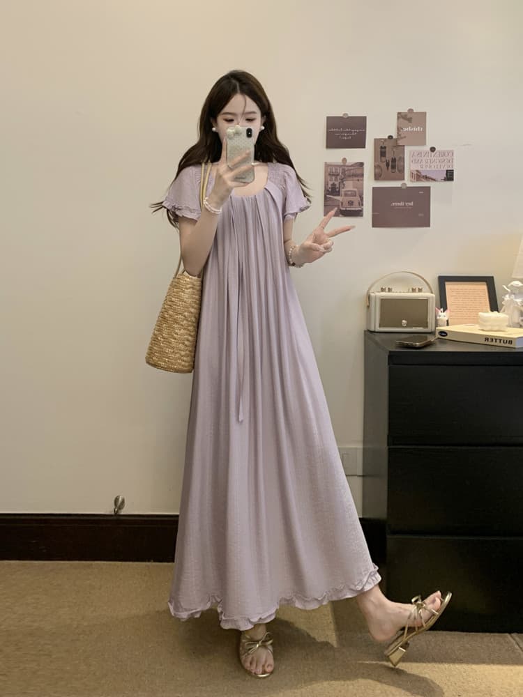 실사 빅 사이즈 여성 의류 지방 mm 봄 여름 프랑스식 아름다운 차 휴식 드레스 수 있습니다. 둘 착용 벨트 포함 슬림해 보이는 롱 스커트 이미지 3