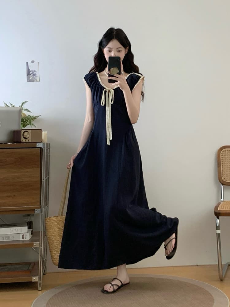 실사 빅 사이즈 여성 의류 봄 여름 지방 mm 프랑스식 배색 나비 넥타이 드레스 연령 감소 슬림해 보이는 품격 롱 스커트 이미지 3