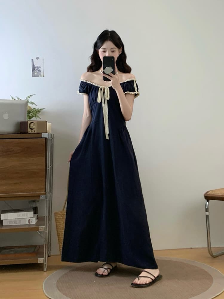 실사 빅 사이즈 여성 의류 봄 여름 지방 mm 프랑스식 배색 나비 넥타이 드레스 연령 감소 슬림해 보이는 품격 롱 스커트 이미지 4