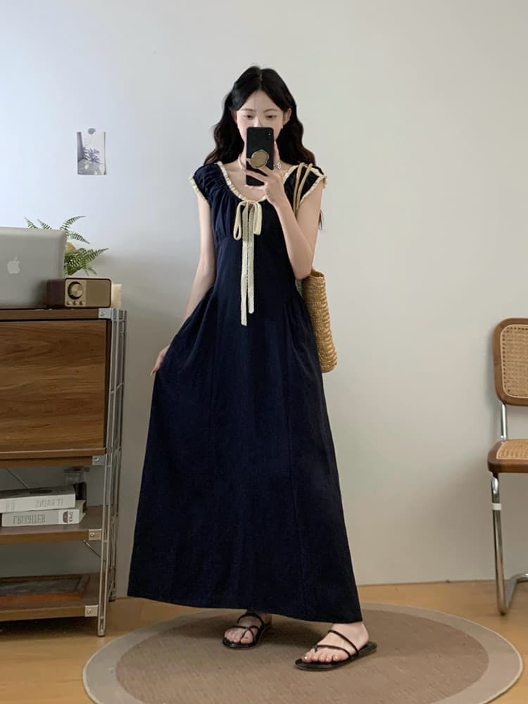 실사 빅 사이즈 여성 의류 봄 여름 지방 mm 프랑스식 배색 나비 넥타이 드레스 연령 감소 슬림해 보이는 품격 롱 스커트 이미지 2