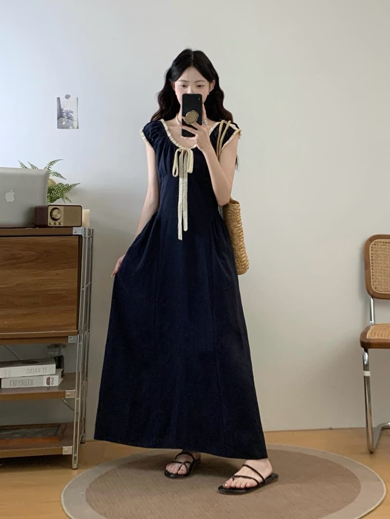 실사 빅 사이즈 여성 의류 봄 여름 지방 mm 프랑스식 배색 나비 넥타이 드레스 연령 감소 슬림해 보이는 품격 롱 스커트 상세 이미지 11