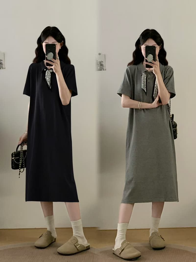 실사 빅 사이즈 여성 의류 봄 여름 디자인 센스 스카프 polot 셔츠 치마 지방 mm 품격 슬림해 보이는 반팔 드레스 상세 이미지 1