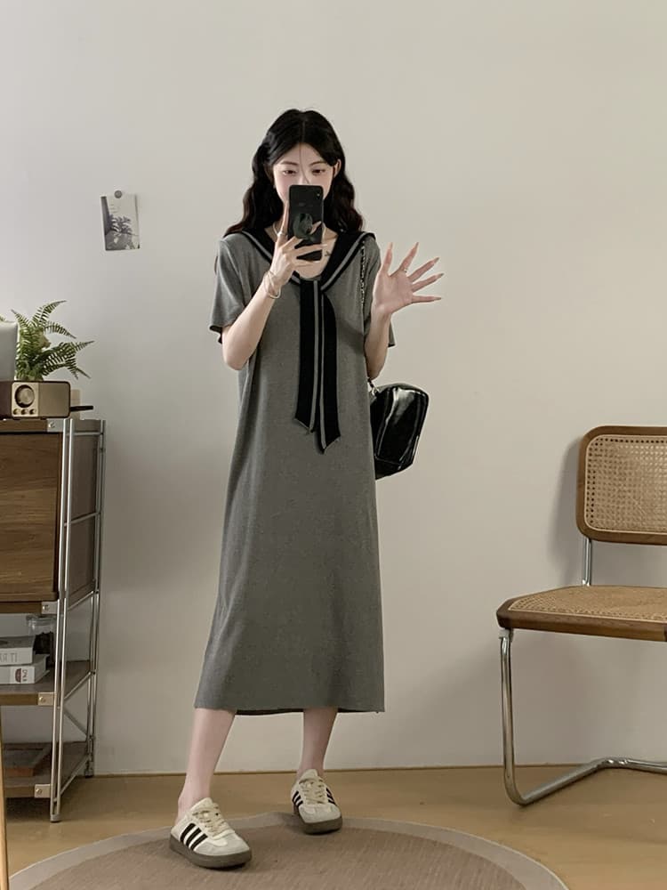 실사 빅 사이즈 여성 의류 여름 새로운 지방 mm 프랑스식 학원 스타일 반팔 드레스 품격 표지 배 슬림해 보이는 치마 이미지 4