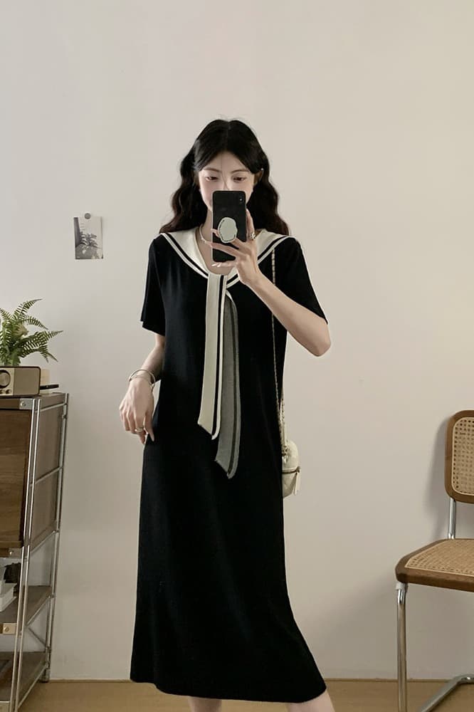 실사 빅 사이즈 여성 의류 여름 새로운 지방 mm 프랑스식 학원 스타일 반팔 드레스 품격 표지 배 슬림해 보이는 치마 이미지 7