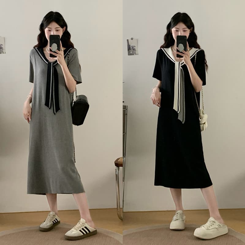 실사 빅 사이즈 여성 의류 여름 새로운 지방 mm 프랑스식 학원 스타일 반팔 드레스 품격 표지 배 슬림해 보이는 치마 상세 이미지 1