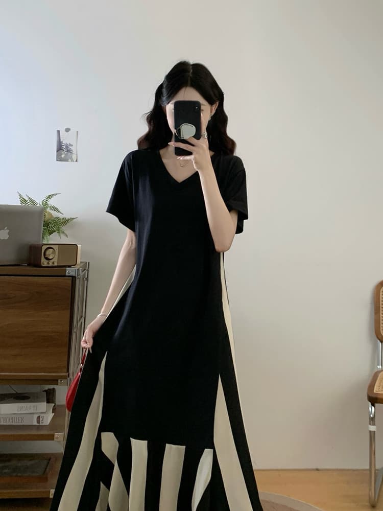 실사 빅 사이즈 여성 의류 여름 스트라이프 패치워크 도루 센스 큰 진자 티셔츠 치마 지방 mm 루즈핏 슬림해 보이는 표지 배 드레스 이미지 4