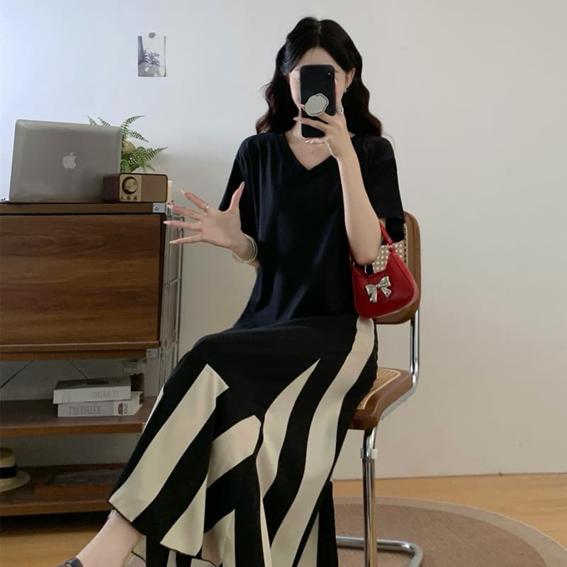 실사 빅 사이즈 여성 의류 여름 스트라이프 패치워크 도루 센스 큰 진자 티셔츠 치마 지방 mm 루즈핏 슬림해 보이는 표지 배 드레스 이미지 5
