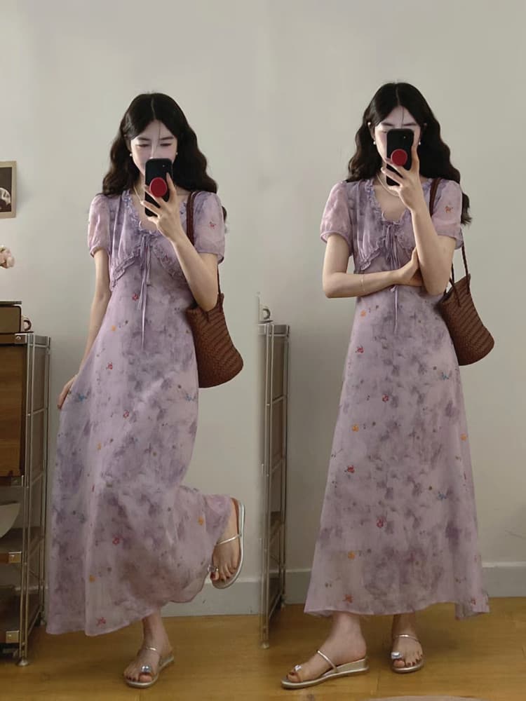 실사 빅 사이즈 여성 의류 봄 여름 새로운 보라색 쌰 요정 꽃무늬 드레스 지방 mm 프랑스식 고급 센스 슬림해 보이는 롱 스커트 이미지 2