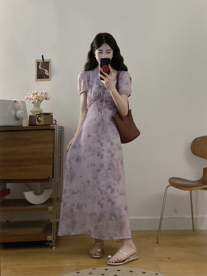 실사 빅 사이즈 여성 의류 봄 여름 새로운 보라색 쌰 요정 꽃무늬 드레스 지방 mm 프랑스식 고급 센스 슬림해 보이는 롱 스커트 상세 이미지 5