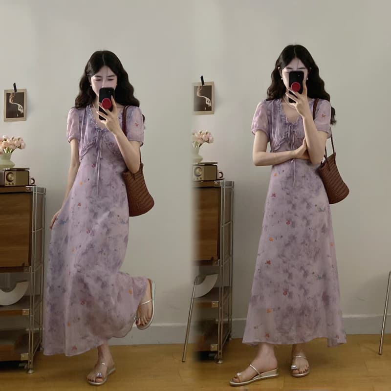 실사 빅 사이즈 여성 의류 봄 여름 새로운 보라색 쌰 요정 꽃무늬 드레스 지방 mm 프랑스식 고급 센스 슬림해 보이는 롱 스커트 상세 이미지 2