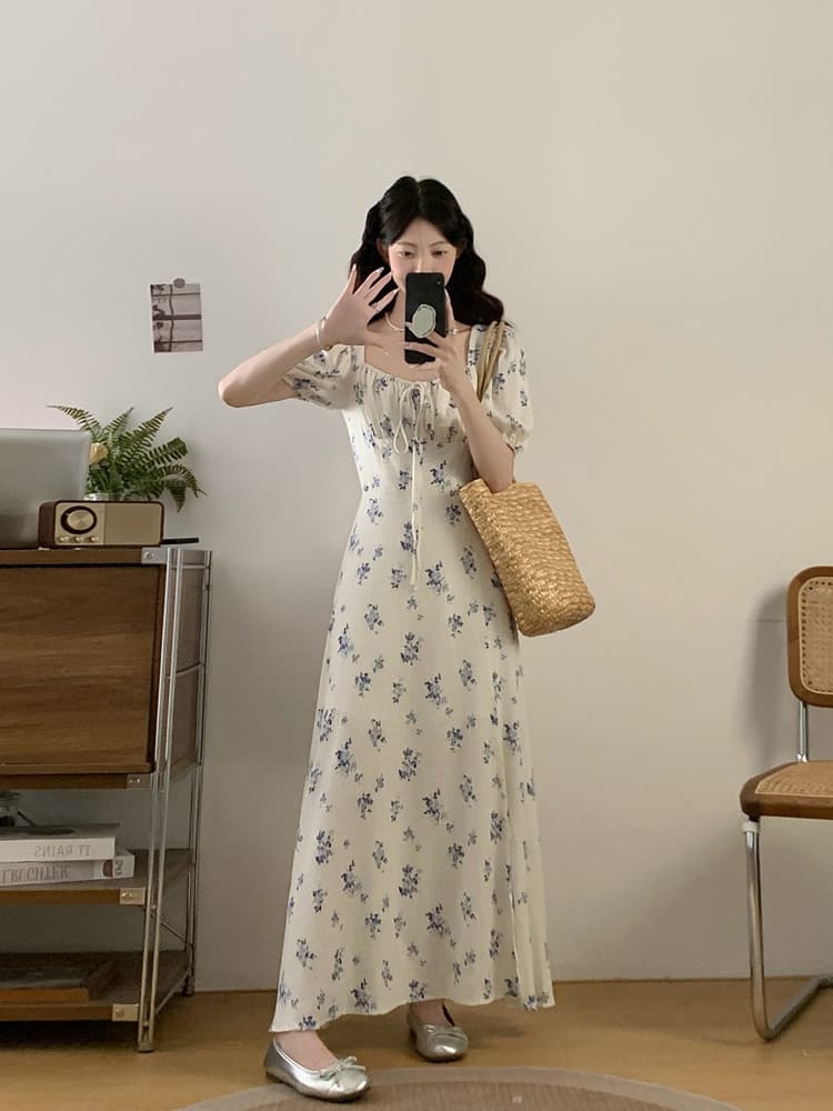 실사 빅 사이즈 여성 의류 여름 지방 mm 슈퍼 슬림해 보이는 프랑스식 레트로 꽃무늬 드레스 품격 여신 팬 꽃무늬 치마 이미지 3